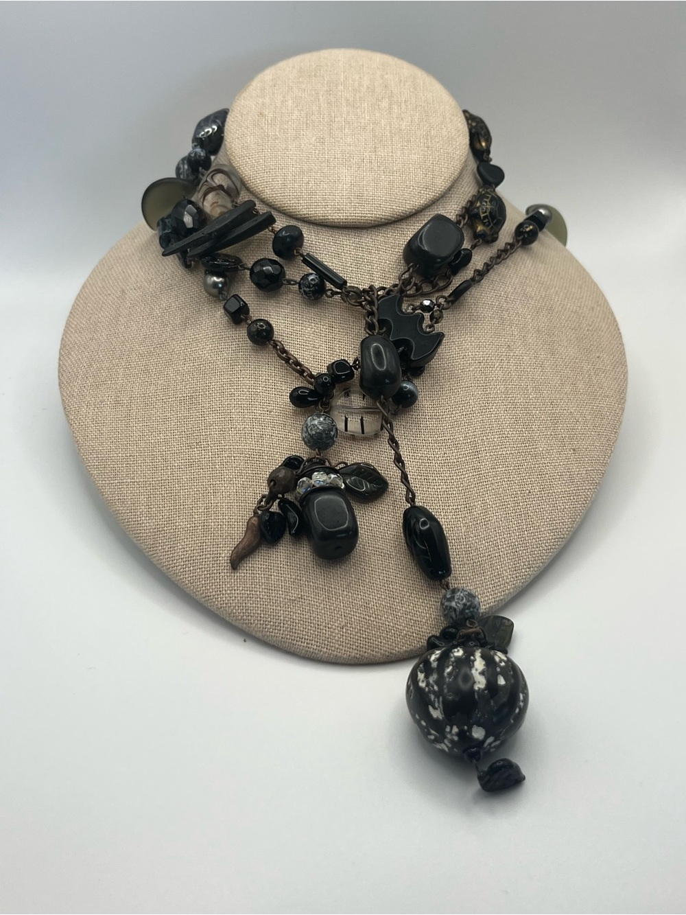 Long Lariat Style Gemstone and Glass Bead Necklace